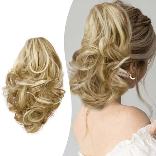 Gairyan Cola de Caballo Extensiones Pelo Natural Coleta Postiza Rizada con Pinza Extensiones Coleta Corto con Pinza Extensiones de Cabello Postiza Pelo Sintético Ondulado Ponytail, Rubio arenoso&Rubia