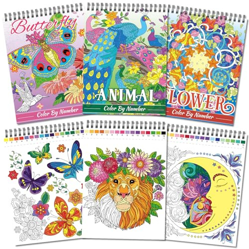 Kalysky Lot de 3 Livre de coloriage par numéro pour adultes, 3 Thèmes-animaux, papillon, fleurs, livres de coloriage pour adultes, Art-Thérapie, Cadeau Relaxation Adultes