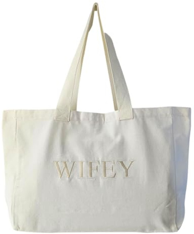 JRP. Bride, Wifey, Team Bride, Canvas Embroidered Large Shoulder Tote Bag - For Hen Party, Weddings, Honeymoon, Wedding gifts (Wifey)