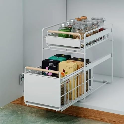 Scaffale portaoggetti da posizionare sotto il lavello, per cucina e bagno, 2 ripiani, estraibile, bianco (28 x 40 x 39 cm)