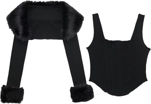 ThiCc 2pcs Black Set Y2k Fur Trim Cardigan & Crop Corset - Faux Fur Tank Top Shrug Dressy Knit Sweater Slim Fit Waist Cinching Bolero Winter Coat Party Club Rave Festival Evening