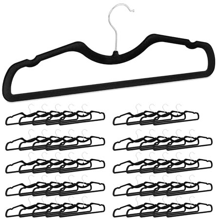 Relaxdays Kleiderbügel Samt, 50er Set, rutschfest, platzsparend, B: 42,5 cm, Hosensteg, Einkerbungen, Samtbügel, schwarz