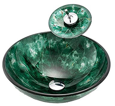 PLMNBQWE Lavabo de baño con Grifo y desagüe, Lavabo de encimera de Vidrio Templado, Lavabo Redondo Verde sobre encimera, Lavabo Art Bas