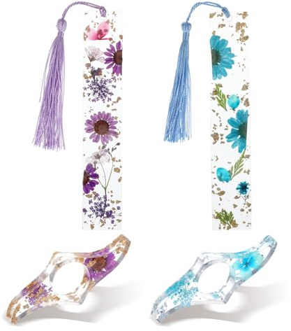 Ouligay Lot de 4 marque-pages avec support pour pouce, marque-pages en forme de fleur pour livres, marque-page en résine de fleur séchée pour filles avec pompon, accessoires pour livres, cadeau pour