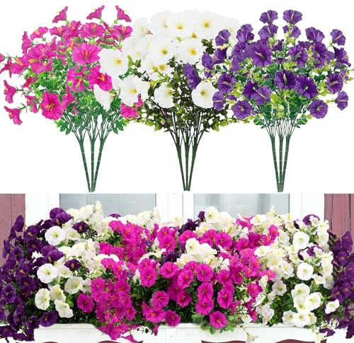 Ferizzia 9 Piezas Petunias Artificiales Realistas, Petunias de Seda, Flores Artificiales para Exteriores, Falsas Plantas, Resistentes a los Rayos UV, para Interior, Exterior, Balcón, Ventana, Jardín