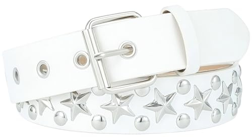 CALFOVERA Cinturón Gótico de Cuero Sintético con Remaches de Estrella Y Tachuelas de Metal, Estilo Punk Rock con Hebilla Plateada, Ajustable de 113 x 3.6cm con Tachuelas para Halloween, Vaqueros