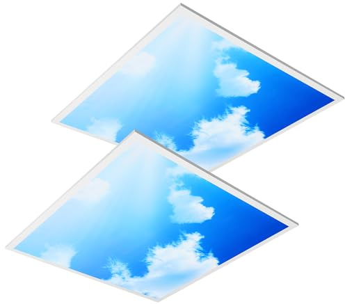 wowspeed 2 Packs 45W LED Square Ceiling Panel Light, 600X600mm Blue Sky Ceiling Lights, 3000K/4000K/6500K 3 Colour Temperatures Sky Lights, 120° Lighting Angle, Recessed Cloud Scene Office Light