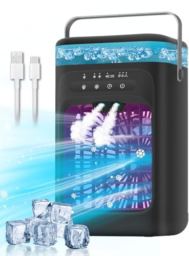 Portable Air Conditioner, Evaporative Mini Portable AC Unit with 3 Speeds & 2 Mist, 120° Oscillating, 7 Color Lights 2-4H Timer, Small Cooling Fan for Bedroom, Office, Home, Camping