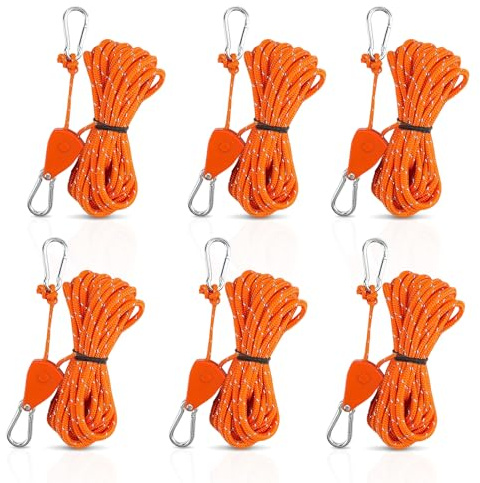 Xiuyer Reflective Tent Guy Ropes, 6 Pcs 4m Ratchet Ropes with Rope Tensioner Portable Adjustable Fix Camping Rope for Camping, Hiking, Awning, Grow Lights(Orange, 4mm)