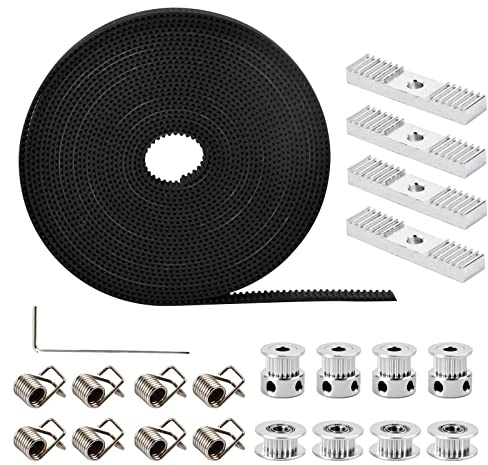5M GT2 Timing Belt 6mm Width, 4 Pcs 20 Teeth 5mm Bore Belt Pulley Wheel, 4 Pcs Idler, 8 Pcs Tensioner Spring Torsion, 4 Pcs Gear Clamp Mount Block and Allen Wrench, Suitable for 3D Printer