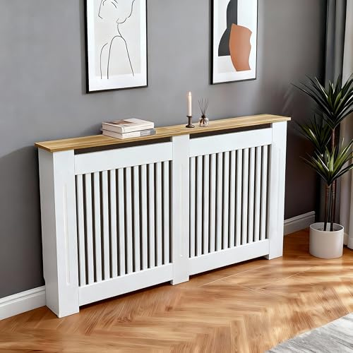 FATIVO Täck moderna vita MDF-höga radiatorer: 152 x 20 x 92,5 cm (vertikal) | MDF-radiatorskydd med övre trähylla, förstärkt och hållbart skydd för hem eller kontor (vertikalt)