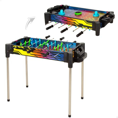 COLORBABY CB Games Tablero 2 en 1 futbolín y Air Hockey, Disco con Aire, 2 Palas, 18 Jugadores, 2 balones, Marcador Manual, Diseño neón, Juegos de Mesa electrónicos, +5 años (39519)