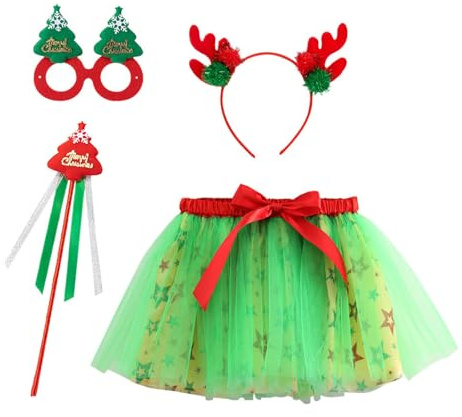 Générique Costume Lutin Noel Enfant, Jupe Tutus De NoëL pour Enfant Fille, Étoiles Décoration à Paillettes, Jupes Tutu en Tulle, Noël Déguisement Enfants pour Fête de Noëls Cosplay Mascarade Party