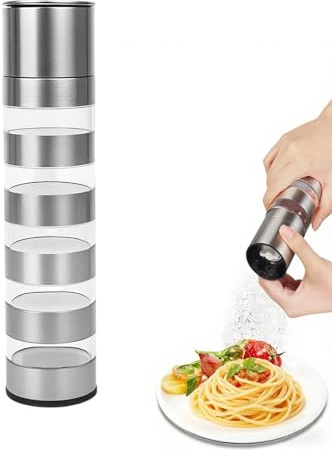 HX-pyahgtv 5 in 1 Spargere spezie, in acciaio inox, portatili, con macinaspezie, mini barattoli trasparenti con coperchio, pratico set da picnic da viaggio per campeggio, barbecue, barbecue