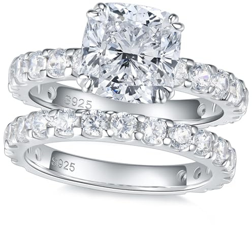 Bo.Dream Wedding Rings Sets for Women 3ct Cushion Cut Cubic Zirconia Platinum Plated 925 Sterling Silver (Size 5)