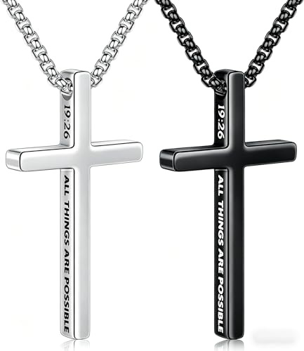 M MOOHAM 2 Pcs Cross Necklace for Men - First Communion Gifts for Boys, Inspirational Bible Verse Cross Chain Stainless Steel Cross Pendant Christian Baptism Gifts, Box Chain 18-24 Inch