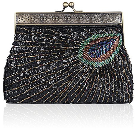 YYW Vintage Clutch Sequin Teal Peacock Unusual Antique Beaded Sequin Evening Handbag Women's Fashion Designer Elegant Purse (Black)