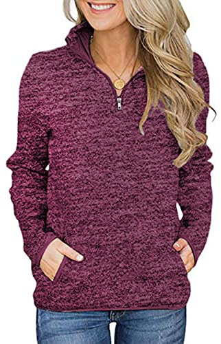 iWoo Sweatshirt Woman Casual Pullover Cosy Tops Comfy Light Weight Shirt Turtleneck Stylish Zipper Winter Jumper Wine Red M
