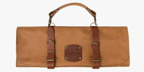 Arcos Bolsa Cuchillos Bolsa Cuchillos Cocina Profesional Estuche Profesional Porta Cuchillos 5 pzas | 42 cm Largo | Asa para Transportar| Cuero Color Miel| Hebilla Ajustable
