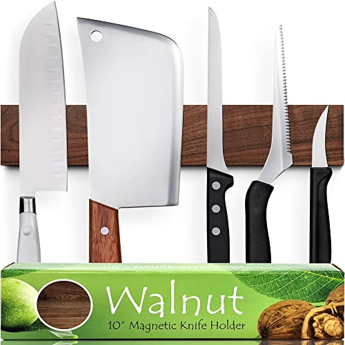Premium 10 Inch (Small Size) Dark Walnut Wood Magnetic Knife Holder – Professional Wooden Magnetic Knife Strip - Space-Saving Knife Rack/Knife Bar With Powerful Magnetic Pull Force (Upgraded Version)