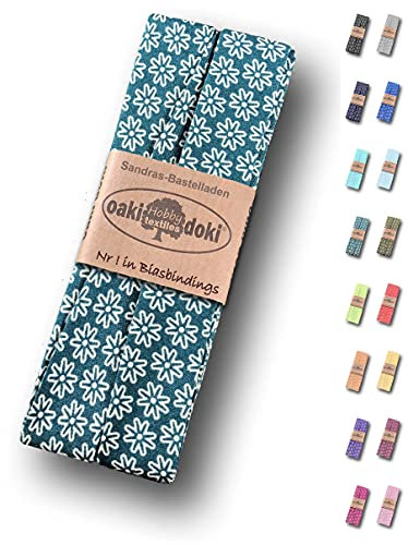 Sandras-Bastelladen Schrägband/Einfassband Baumwolle gefalzt 3m x 20mm - Gänseblümchen Muster 4007-Petrol-Weiß