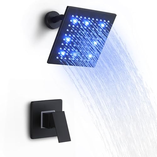 SKOWLL Shower Faucet Set Matte Black, Bathroom Wall Mount 8 Inch LED Shower Head Set, Single Function Shower Trim Kit with Rough-in Valve