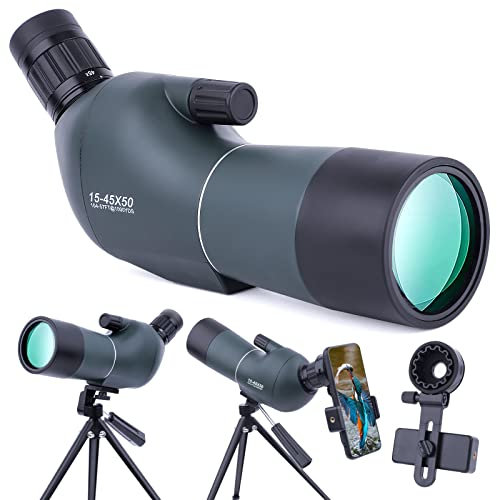 Spektiv 15-45x50, HD Wasserdichtes Spektiv mit Stativ, Tragetasche und Smartphone-Adapter für Vogelbeobachtungssafari Sightseeing Stargazing Archery Camping Wildlife Scenery