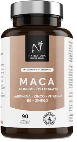 Maca Peruviana Ultra Concentrata 40.000 mg 25:1 | Maca Nera con L-Arginina, Zinco e Vitamina B6 | Più energia, vitalità e per migliorare i tuoi momenti più personali | 90 capsule vegane