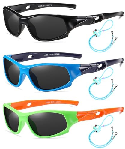 Rocf Rossini Pack of 3 Flexible Kids Sunglasses Polarized Sports Sun Glasses Girls Boys Cricket Shades with Straps UV400 Protection Eyewear for Age 3-10 (Black+Blue/Darkblue+Green/Orange)