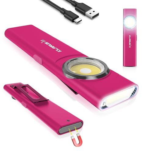KLARUS USB C Uppladdningsbar COB-arbetslampa, 600 Lumens Mini Flat EDC-ficklampa med magnetisk bas och spänne, Lämplig för underhåll, camping, vandring, nödsituation, etc