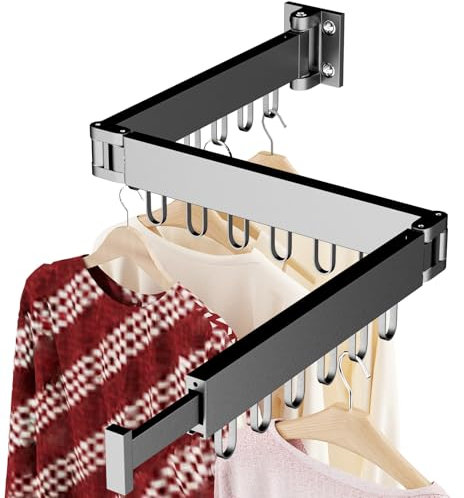 JAUREE wäscheständer wandmontage, platzsparender und zusammen klappbarer kleiderstange wandmontage,dreifach ausziehbarer tri-fold Wäscheständer für drinnen und draußen mit 18 Haken, schwarz