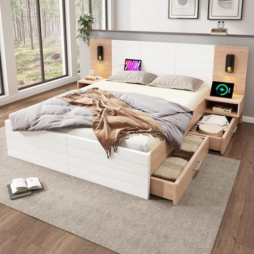 FEZTOY Holzbett Bettanlage mit 2 Nachtkommoden & LED & USB Ladeport, Doppelbett 180x200 mit 2 Schubladen,Schlafzimmer Komplett Set in in Eiche Weiß,Ohne Matratze