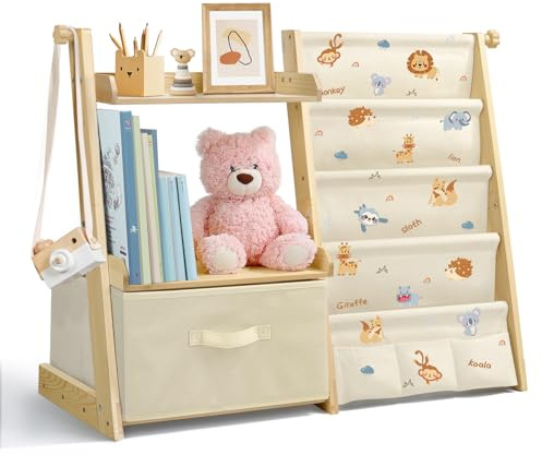 wooshwa Bücherregal Kinder Kinderzimmer Spielzeug Aufbewahrung mit 4 Regalebenen & Aufbewahrungsbox, Kinderregal Kinder Bücherregal für Regal kinderzimmer Spielzeug-Organizer - Dschungeltiere