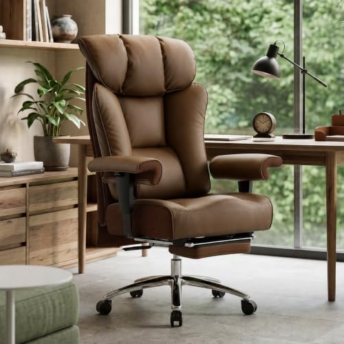 Efomao Desk Office Chair, Big and Tall Ergonomic Executive Chair with Footrest, High Back Reclining Computer Desk Chair, Thick Padded Wide Armrests 200KG Heavy Duty PU Leather Office Chair
