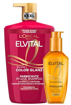 L'Oréal Paris Elvital XXXL Haarpflege-Routine: Öl Magique Haaröl & Color Glanz Shampoo, Anti-Frizz & Farbschutz, mit 6 Blütenölen, Pfingstrosen-Extrakt & UVA-/UVB-Filter, für coloriertes Haar