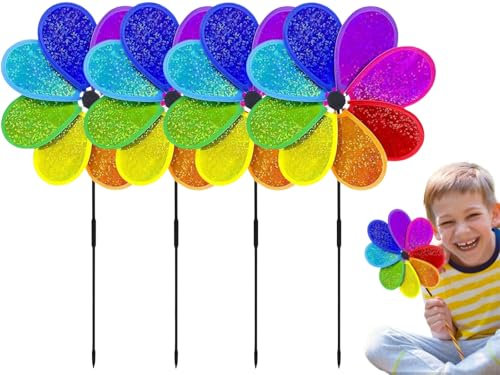 ZDL Scacciapensieri a Forma di Fiore,4pcs Mulino a Vento per Prato,Girandole Colorate,Girandola a Vento Riflettente,Ruote a Vento Arcobaleno per Giardini, Frutteti, Orti