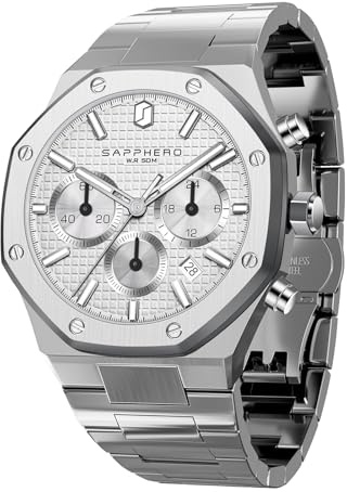 SAPPHERO Herrenuhr Quarzwerk Chronograph Handgelenk Herrenuhr Achteckig Edelstahl 50M Wasserdicht Leuchtend Armbanduhr Luxus Analog Quarz Uhr für Männer mit Datum Elegant Herren,Silber Weiß