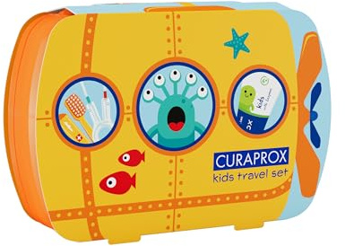 Curaprox Kids Travel Set – Toothbrush, Toothpaste & Interdental Brushes | Ultra-Soft Curen® Filaments | Compact Travel Set for Children (Orange) | Made in Switzerland