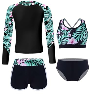 Fldy Mädchen Rash Guard Badeanzug 4er Set Langarm UV Shirt Oberteil Tankini Hose Und Schwimmslip Kinder Schwimmbekleidung Strandmode Schwarz 134-140