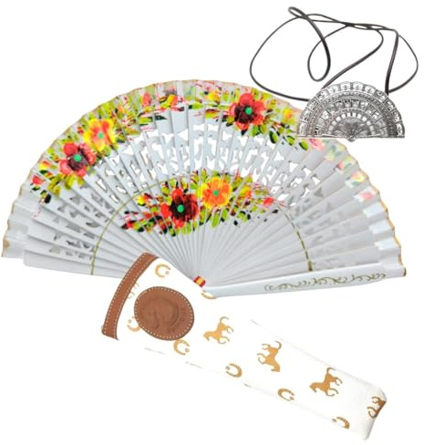 Abanico Plegable de Madera con Flores Pintadadas a Mano con Funda y Cuelga Abanicos. Funda de Lona con Crermallera y Cuelga Abanico Metálico (Estallido Tropical)