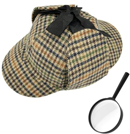 YAUOIPI 2 Pcs Victorian Detective Costume Kit, Detective Sherlock Fancy Dress Accessory Set, Deerstalker Hat + Magnifying Glass, for World Book Day Outfits, Halloween Party Accessories (Multicolor)