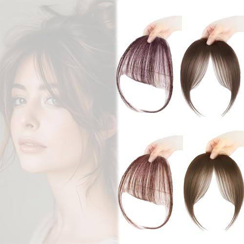 KASESSS 4 Piezas Moda Flequillo Postizo Pelo Natural, Clip Flequillo Postizo con Patillas, FleqUillo Pelo Natural para Mujeres y Niñas Uso Diario (Castaño Oscuro/Claro)