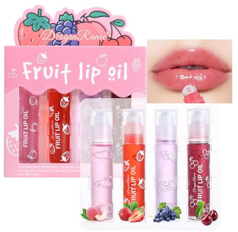 4 Packs Roll On Lip Oil Set for Women & Girls, Fruit Flavoured Moisturising Lip Gloss, Hydrating Lip Glow Oil, Long Lasting Plumping Liquid Lipstick, Glossy Lip Care Gift Set for Teens