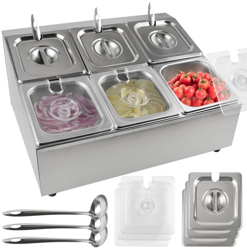 TOROKOM Pizza Topping Station, Stainless Steel Spice Organizer Stand with Lids Spoons Countertop Inclined Holder Buffet Containers Set for Sauce Jam Fruits Ingredient Kitchen (2 Row 6 Pans)