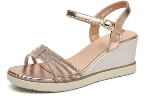 IVACHY Women’s Wedge Sandals Rhinestone Sparkly Glitter shoes ladies - Strappy Ankle Strap Buckle Open Toe Bridal Platform Wedding Summer Dress prom party