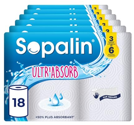 Sopalin Ultr’Absorb - 18 maxi rouleaux égal à 36 rouleaux classiques - 50% plus absorbant - Maxi rouleaux 2 fois plus longs - Demi-feuilles, Blanc