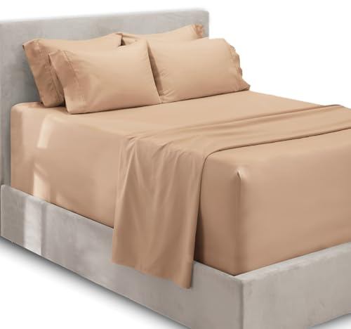 Hearth & Harbor Fits Mattress up to 21, Double Brushed Bedding Sheets & Pillowcases, Microfiber, Taupe, Split King Size