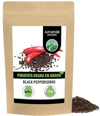 Alpi Nature Poivre Noir 500g, Grains de Poivre Entiers pour la Cuisine, Piper Nigrum