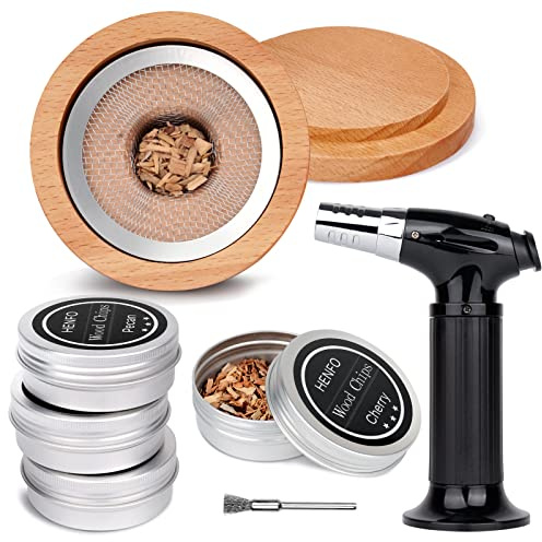 Cocktail Smoker Kit with Torch, Portable Kitchen Tool for Smoking Cocktail Whiskey Drink Smoking Infuser Kit, Camping BBQ Culinary Torch and 4 Flavors of Wood Chips, Best Gift for Drinking, No Butane