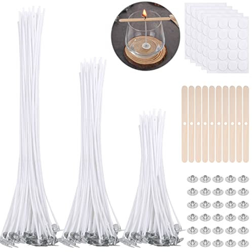 240 Stück Kerzendocht Set,VEVOQIM 100 Stück Kerzendochte für Kerzen Docht(10CM|15CM|20CM) mit 10 Stück Dochthalter,100 Stück Kerzen Klebeplättchen und 30 Stück Dochtlaschen für Kerzen Selber Machen